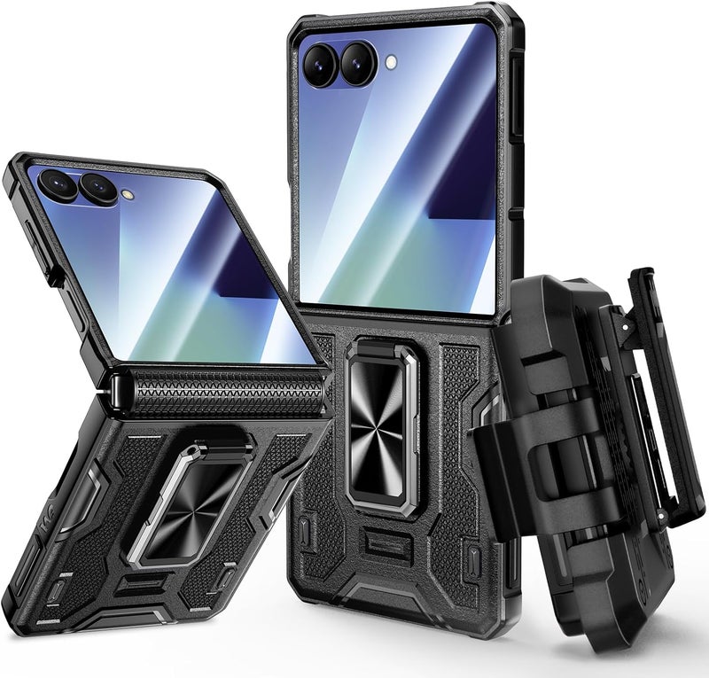 Vego for Galaxy Z Flip 7 Case, 360° Rotatable Ring Kickstand & Belt Clip Holster & Tempered Glass Camera Screen Protector & Hinge Protection, Shockproof Case for Samsung Flip 7 5G - Black - Image 1